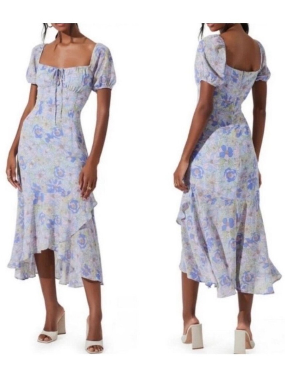 Astr Lavender Floral Puff-Sleeve Midi Dress Boho